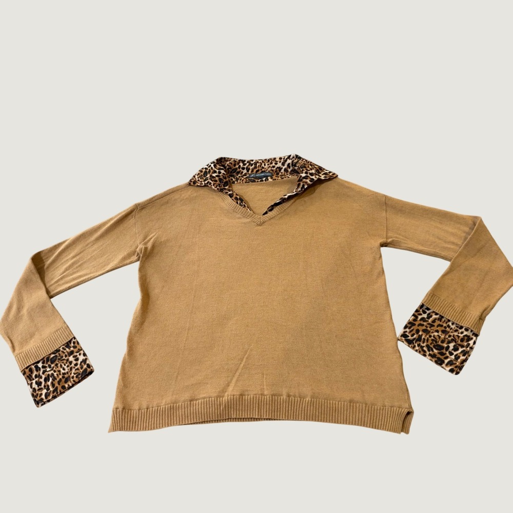 Adrianna Papell Sweater Small Leopard Trim Cotton Blend Relaxed Brown V-Neck